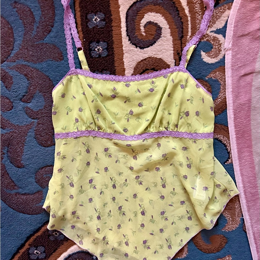 Floral Green and Purple with Lace Trim